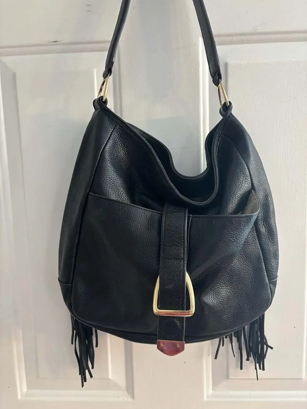 G.I.L.I. Black Italian Pebble Leather Hobo Shoulder Bag with Fringe and Buckle D